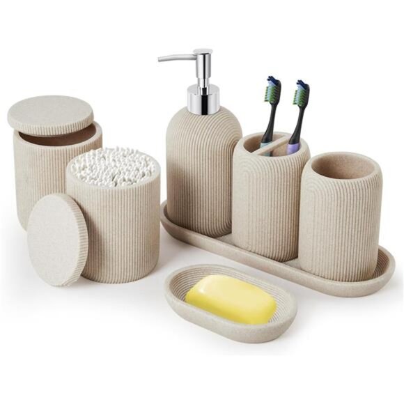 7 Piece Bathroom Accessories Set Soap Dispenser Toothbrush Holder Qtip Tray Tan